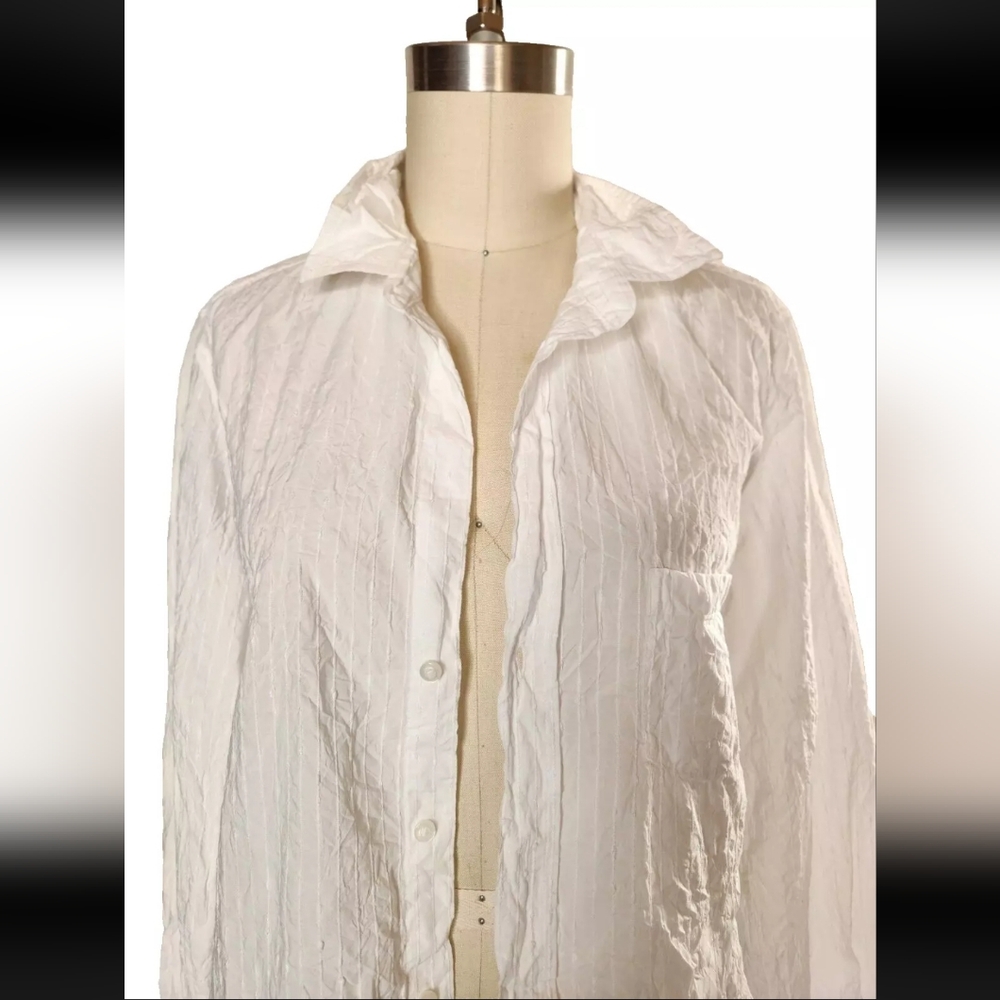 Frank & Eileen Barry Shirt Vertical Stripes Solid White Crinkled Wrinkled S - Picture 5 of 15